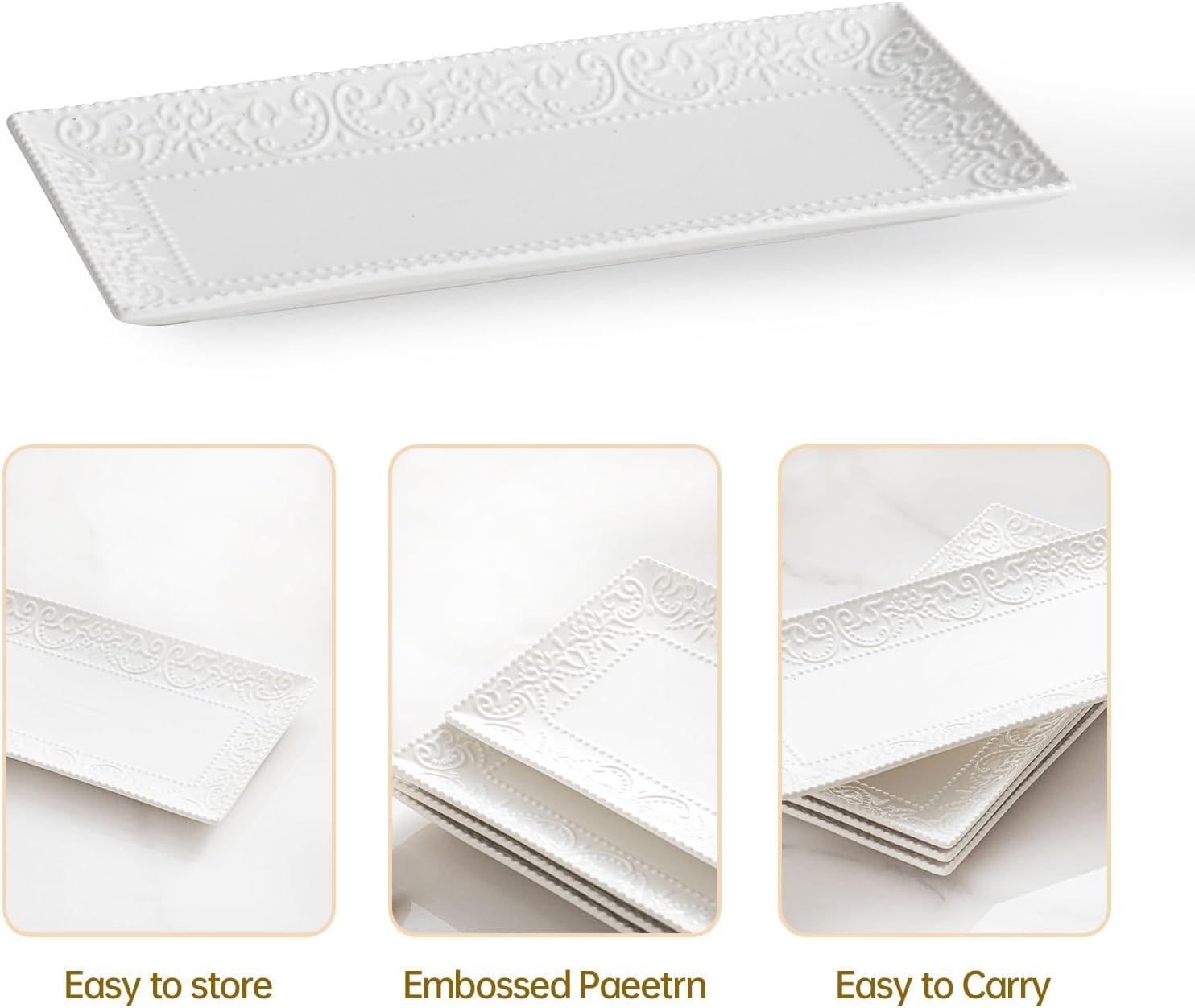 4Pcs Rectangle Serving Platters, 12inch Ceramic Long Serving Tray, White Serving Plates, for Dessert, Sushi, Fruit, Party, Side Dishes - Microwave, Oven, and Dishwasher Safe